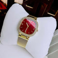 Guess Quartz Red Dial Gold Mesh Strap Watch For Women - GW0354L4