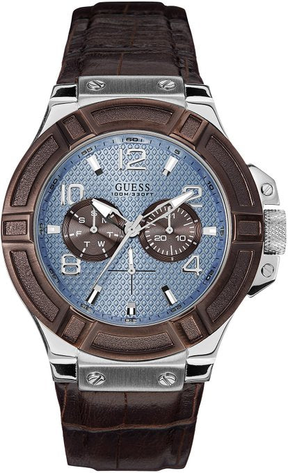 Guess Rigor Analogue Quartz Blue Dial Brown Leather Strap Watch For Men - W0040G10