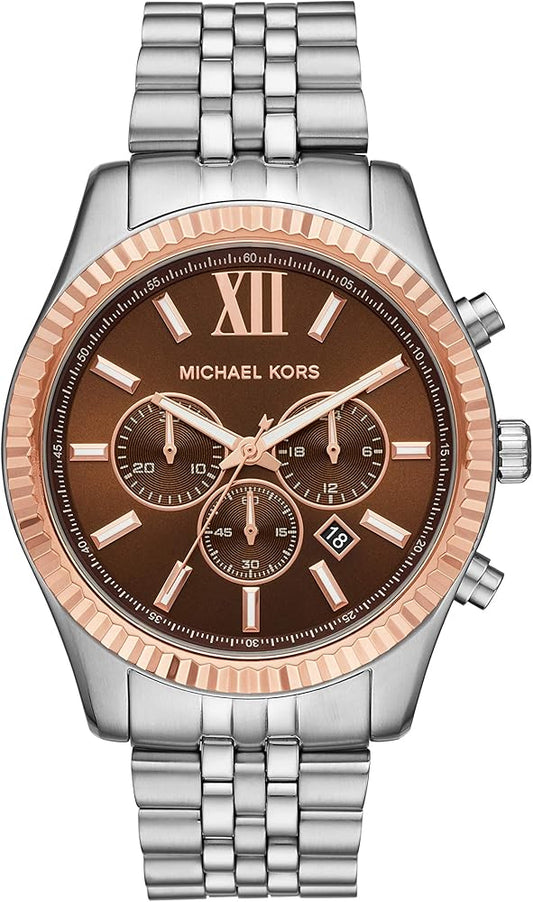 Michael Kors Lexington Chronograph Brown Dial Silver Steel Strap Watch For Men - MK8732