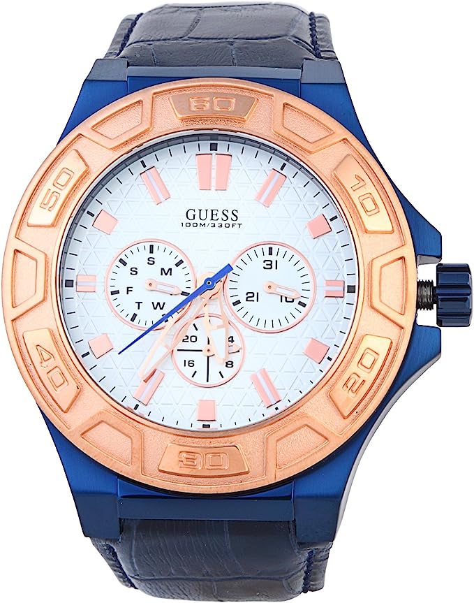 Guess Force Multi Function White Dial Blue Leather Strap Watch For Men - W0674G7