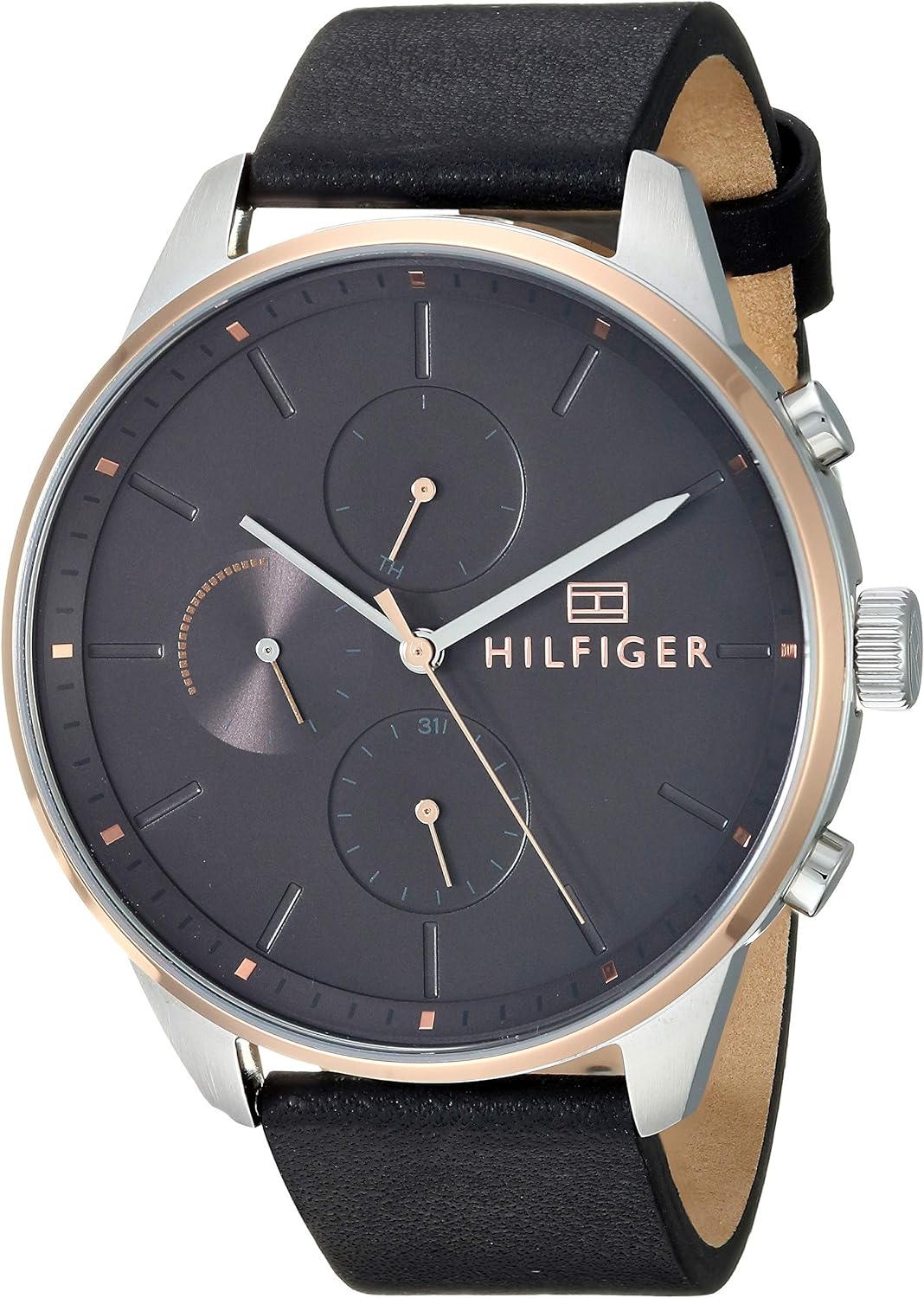 Tommy Hilfiger Chase Chronograph Quartz Grey Dial Black Leather Strap Watch For Men - 1791488