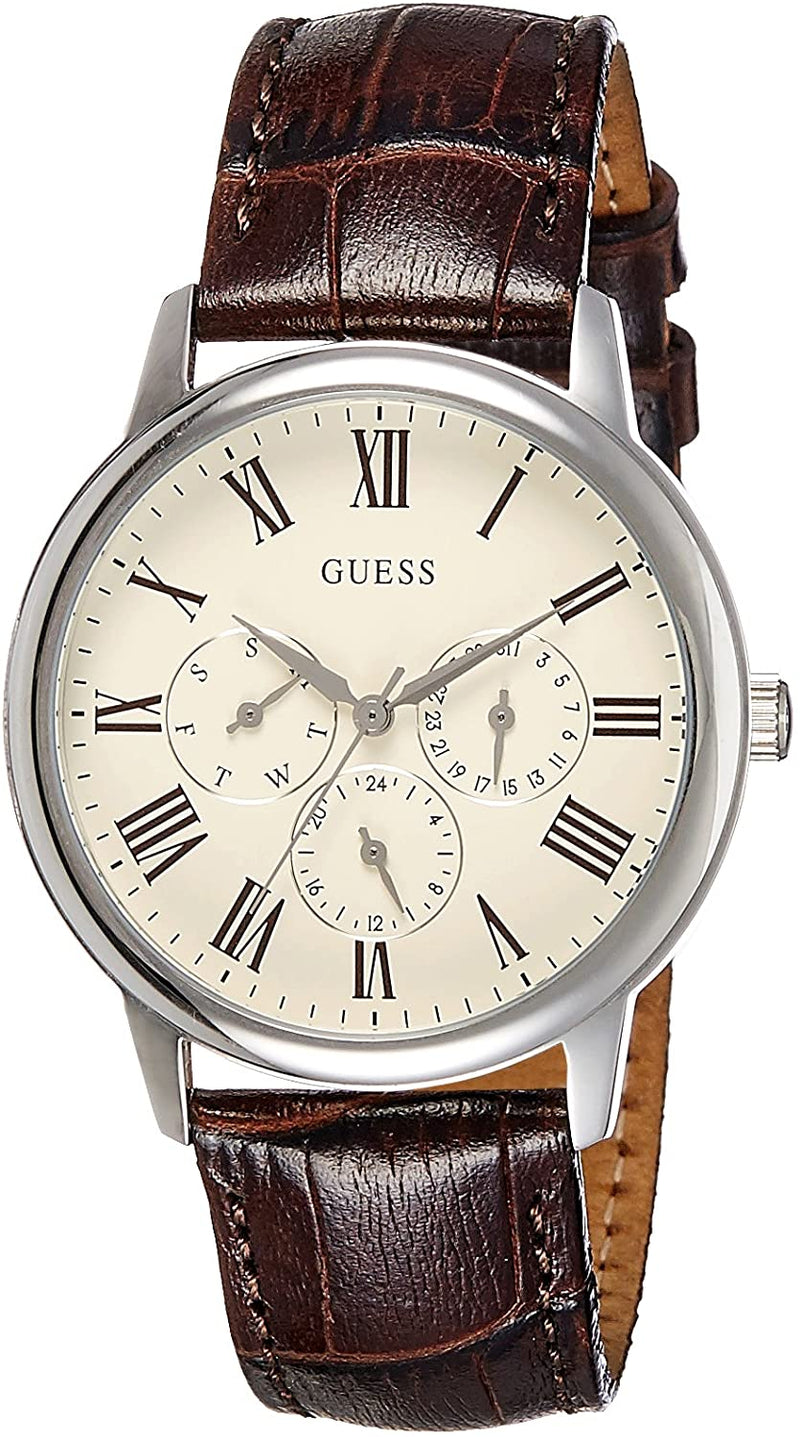 Guess Wafer Quartz White Dial Brown Leather Strap Watch For Men - W70016G2