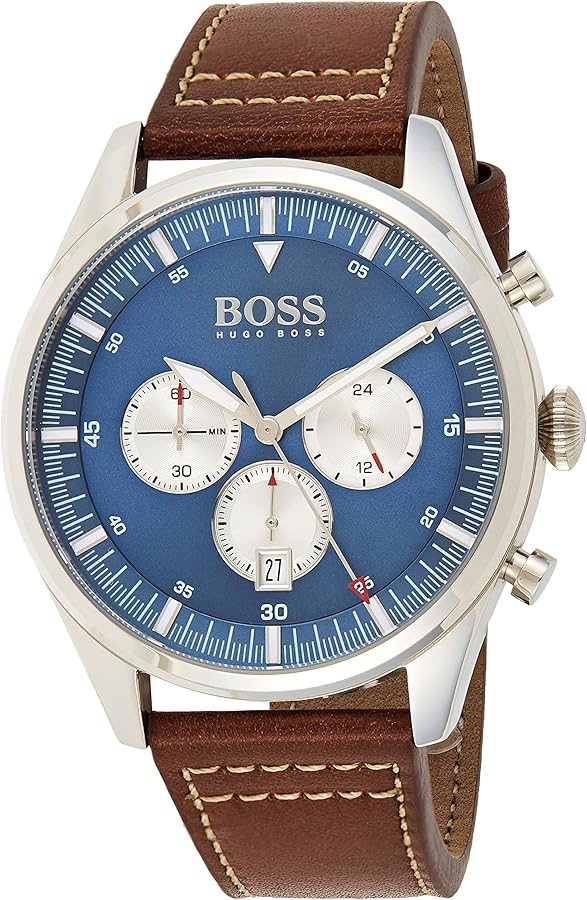 Hugo Boss Pioneer Chronograph Blue Dial Brown Leather Strap Watch For Men - 1513709