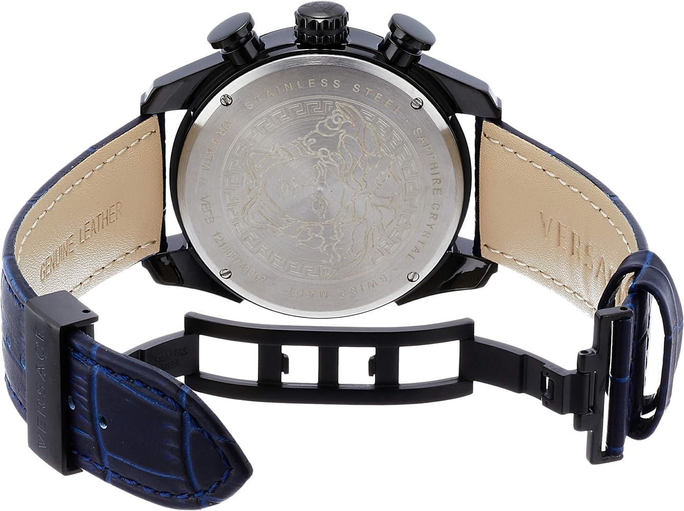 Versace V-Ray Chronograph Quartz Blue Dial Black Leather Strap Watch For Men - VEDB00418