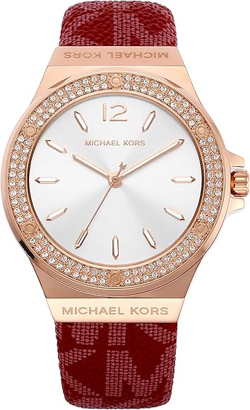 Michael Kors Lennox Three Hand Silver Dial Red Leather Strap Watch For Women - MK7308