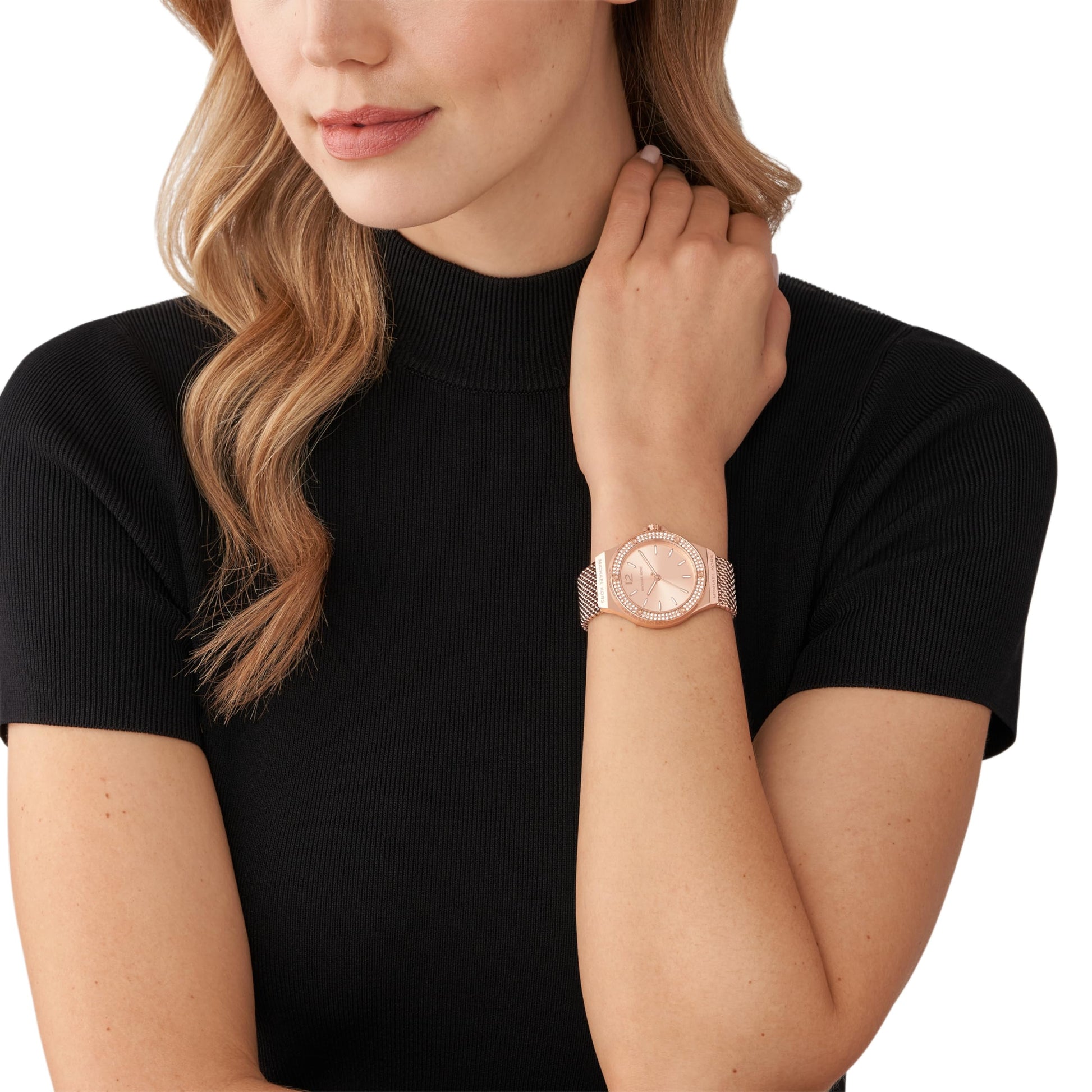 Michael Kors Lennox Three Hand Rose Gold Dial Rose Gold Mesh Strap Watch For Women - MK7336