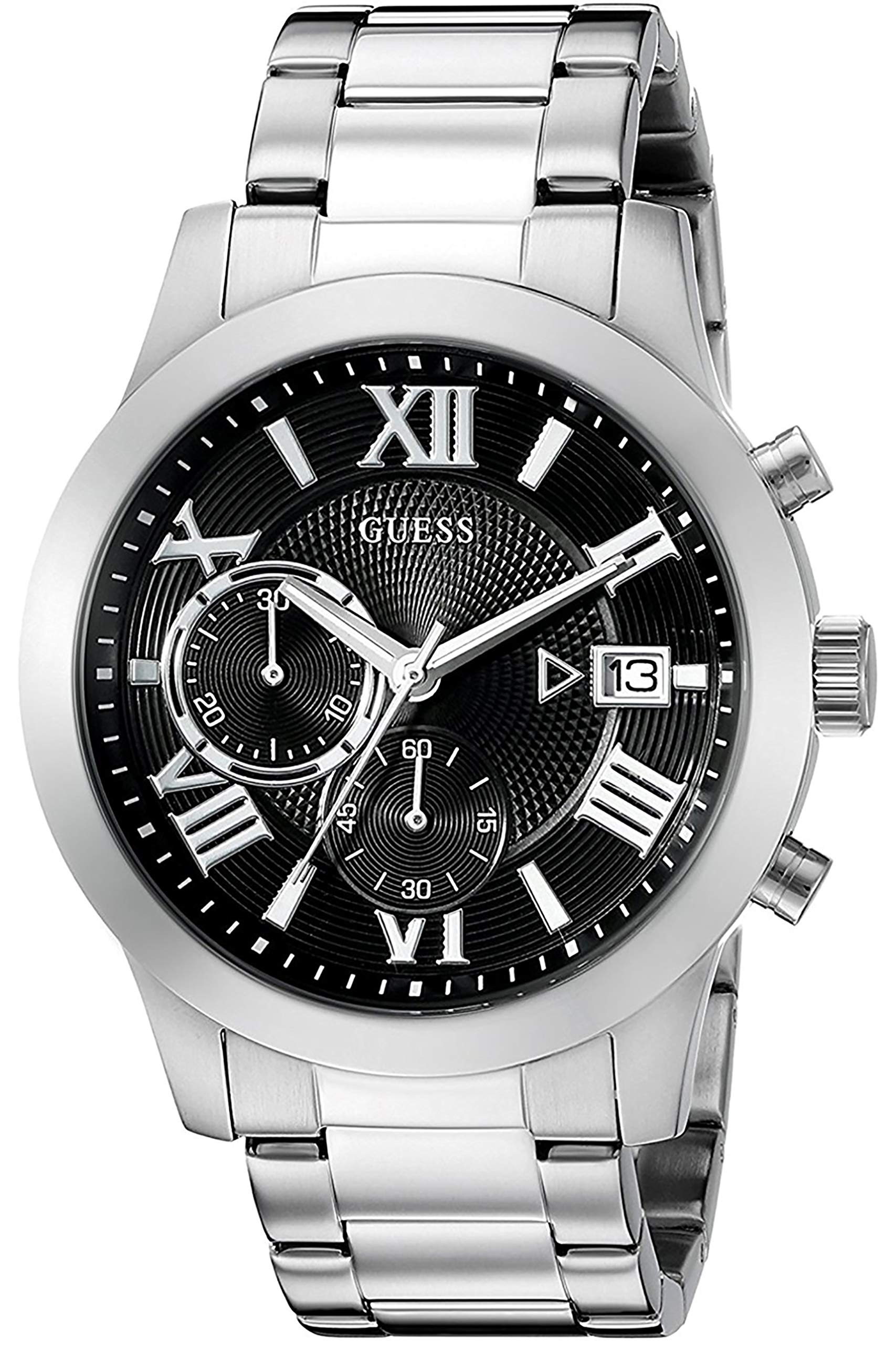 Guess Atlas Chronograph Black Dial Silver Steel Strap Watch For Men - W0668G3