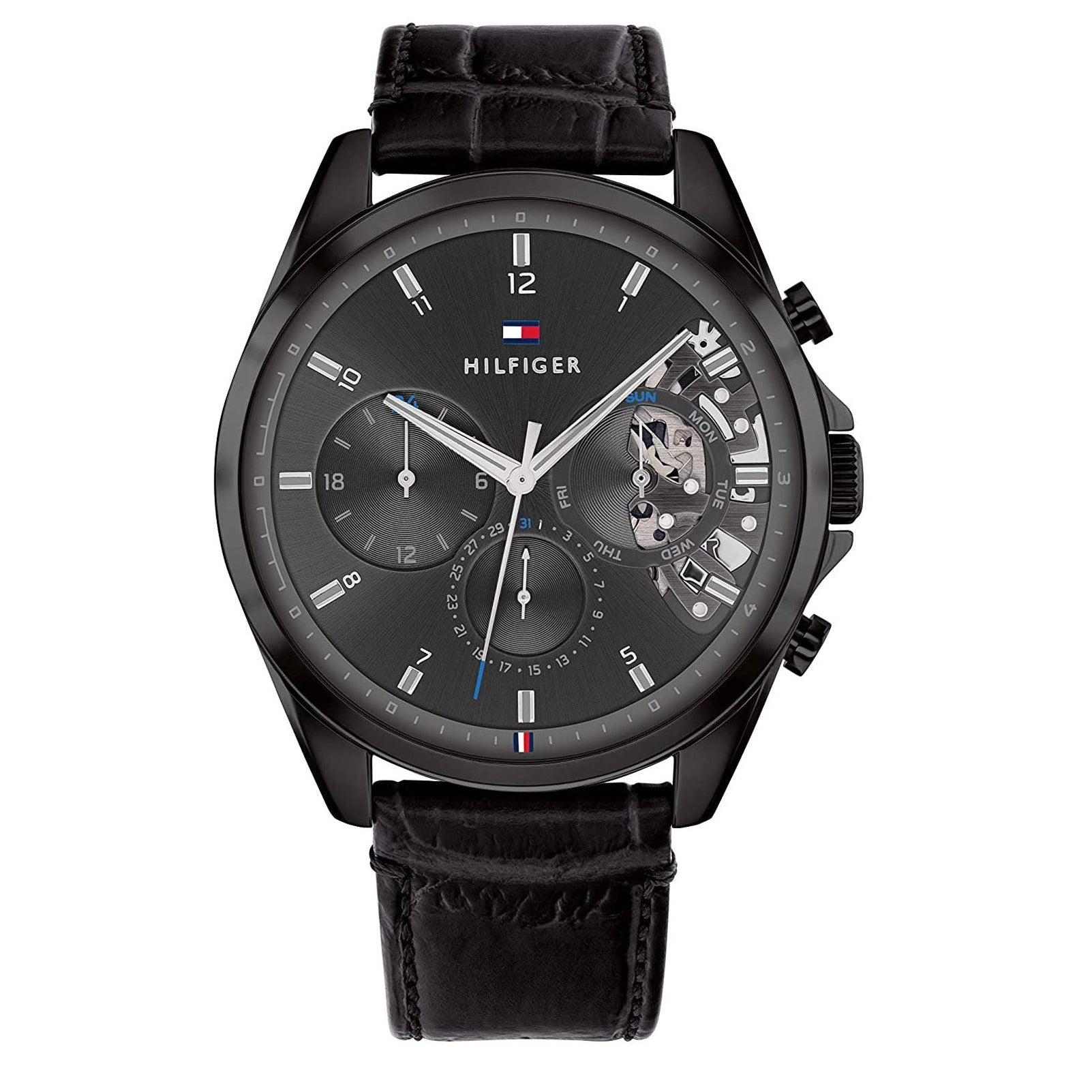 Tommy Hilfiger Baker Chronograph Black Dial Black Leather Strap Watch For Men  - 1710452