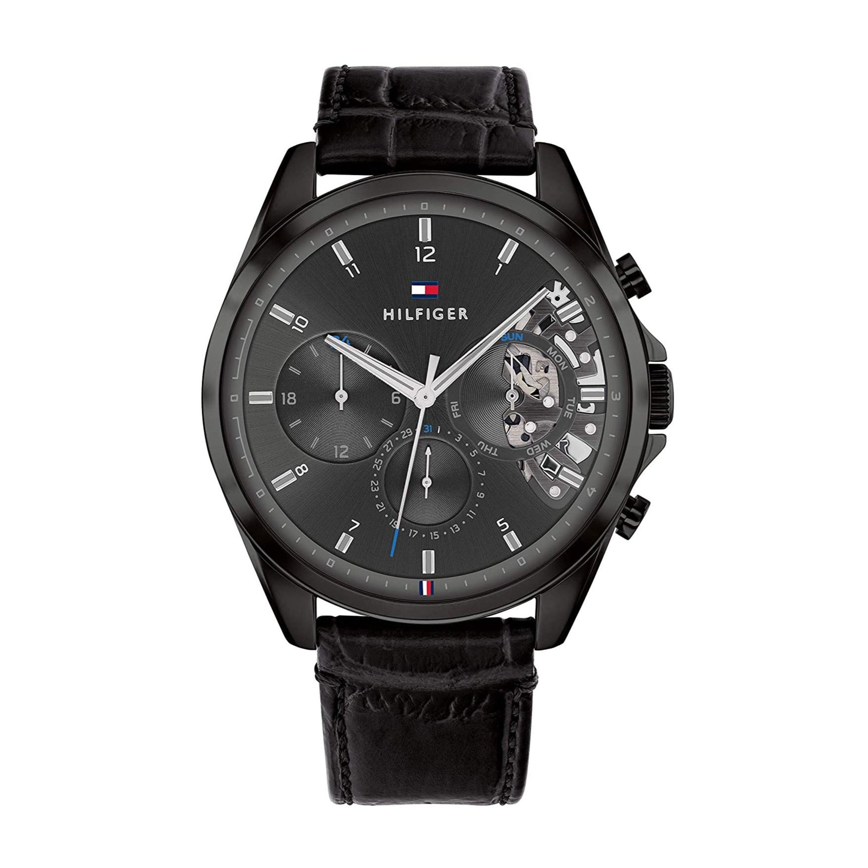 Tommy Hilfiger Baker Chronograph Black Dial Black Leather Strap Watch For Men  - 1710452