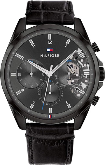 Tommy Hilfiger Baker Chronograph Black Dial Black Leather Strap Watch For Men  - 1710452