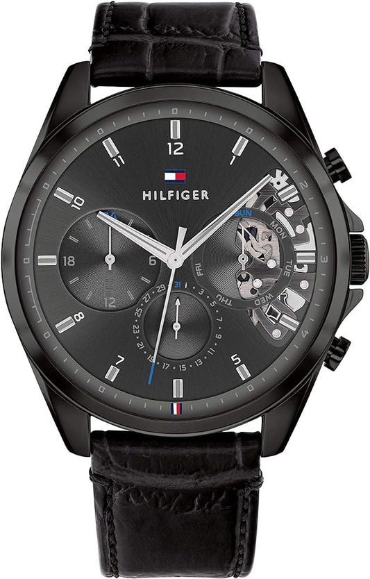 Tommy Hilfiger Baker Chronograph Black Dial Black Leather Strap Watch For Men  - 1710452