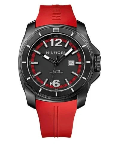 Tommy Hilfiger Windsurf Black Dial Red Rubber Strap Watch for Men - 1791112