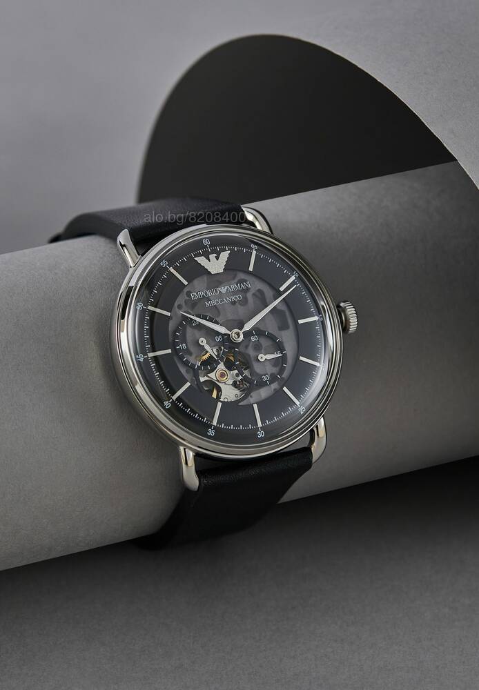 Emporio Armani Meccanico Skeleton Black Dial Black Leather Strap Watch For Men - AR60026