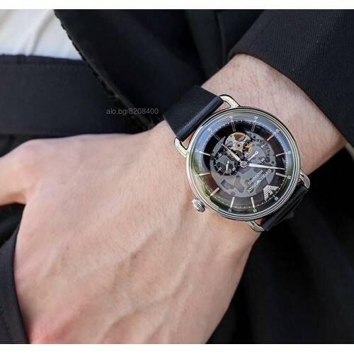 Emporio Armani Meccanico Skeleton Black Dial Black Leather Strap Watch For Men - AR60026