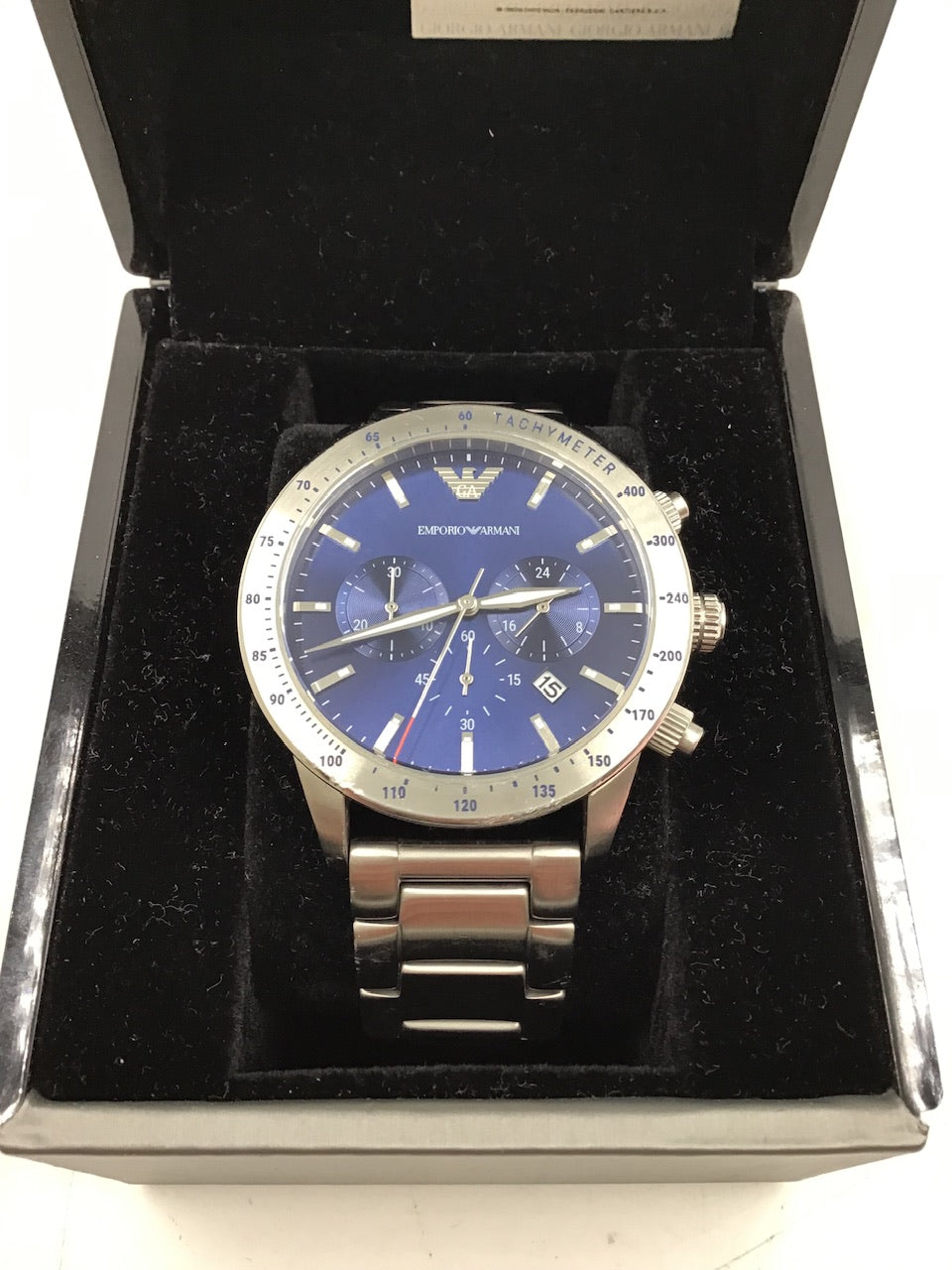 Emporio Armani Mario Chronograph Blue Dial Silver Steel Strap Watch For Men - AR11306