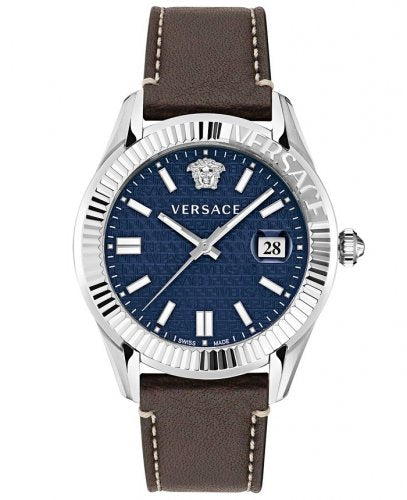 Versace Greca Time Quartz Blue Dial Brown Leather Strap Watch For Men - VE3K00122