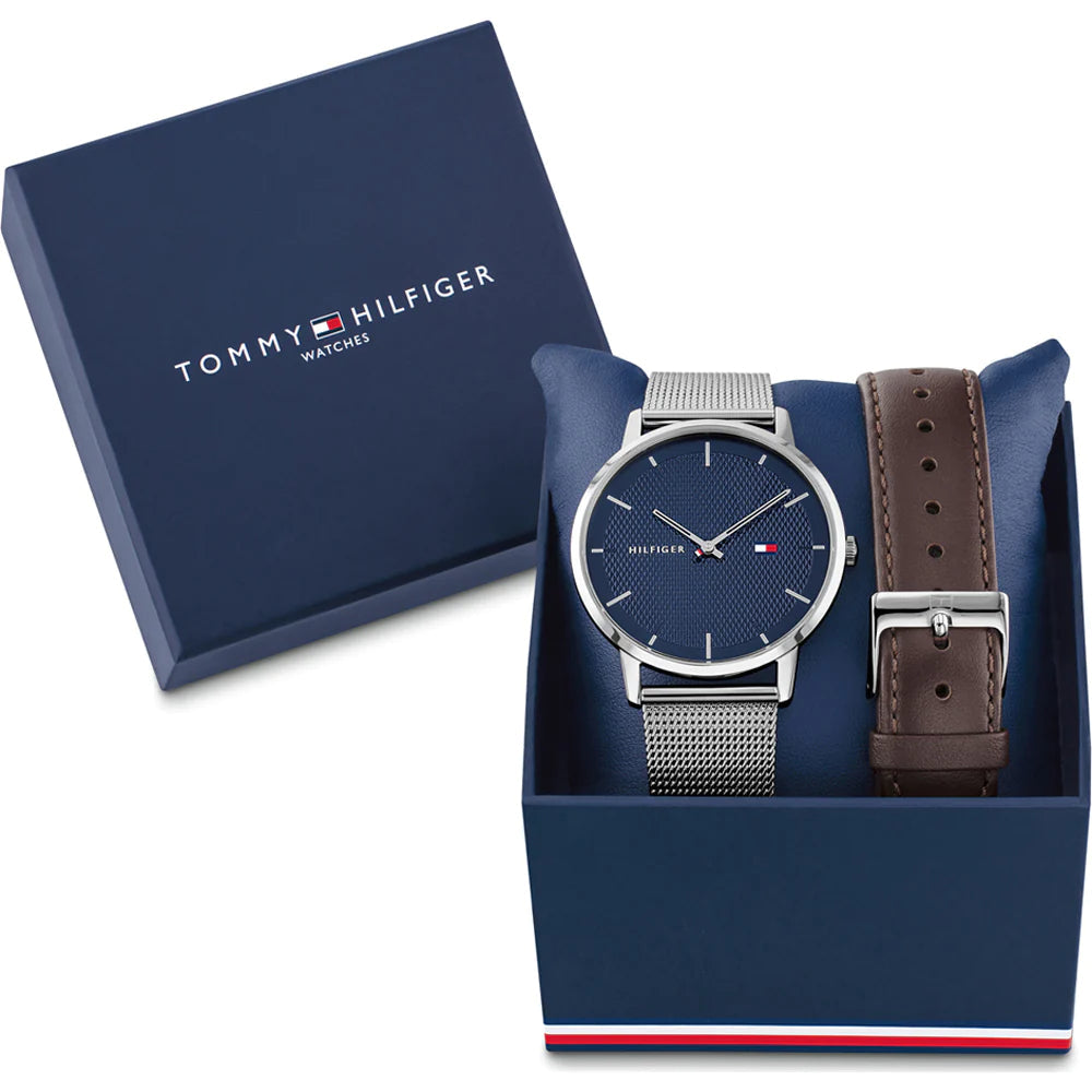 Tommy Hilfiger Oliver Quartz Blue Dial Silver Mesh Bracelet Watch for Men - 1791302