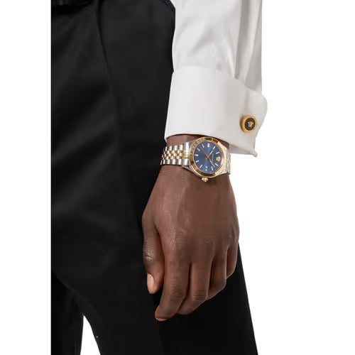 Versace Hellenyium Quartz Blue Dial Two Tone Steel Strap Watch For Men - VEVH00520