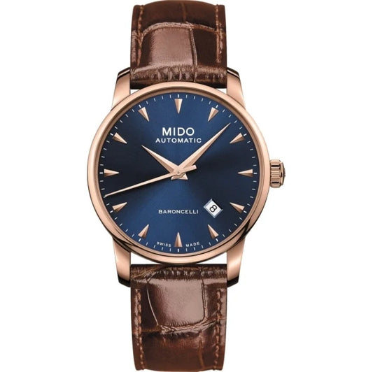 Mido Baroncelli III Automatic Blue Dial Brown Leather Strap Watch For Men - M8600.3.15.8