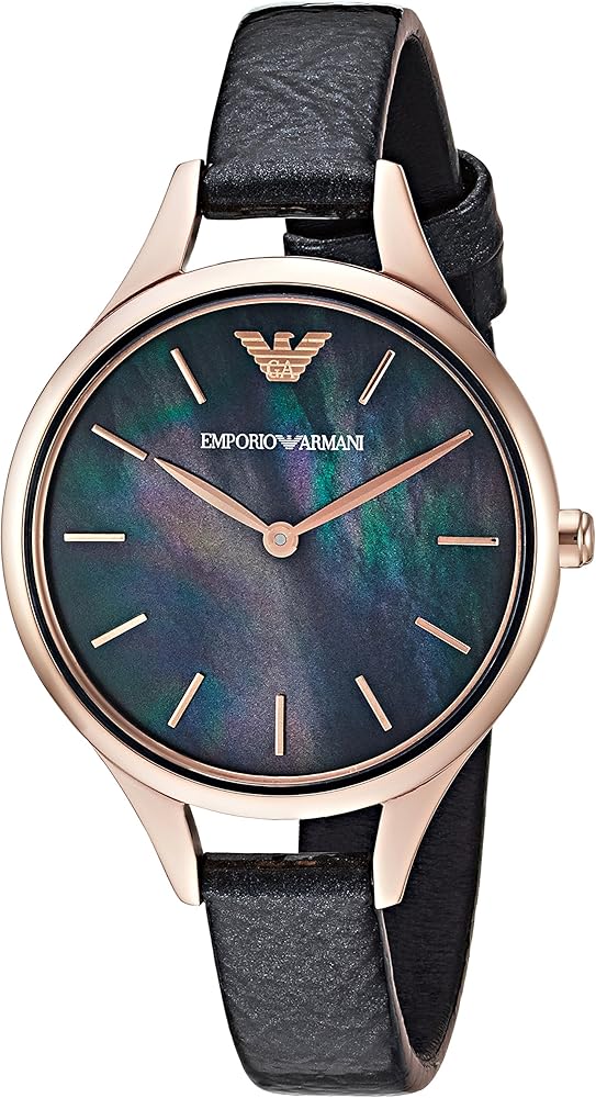 Emporio Armani Aurora Mother Of Pearl Black Dial Black Leather Strap Watch For Women - AR11056