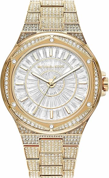 Michael Kors Lennox Three Hand Crystals White Dial Gold Steel Strap Watch For Women - MK6991