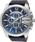 Diesel Mega Chief Chronograph Blue Dial Black Leather Strap Watch For Men - DZ4423