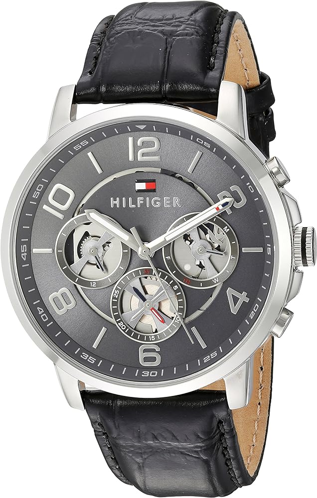 Tommy Hilfiger Keagan Quartz Grey Dial Black Leather Strap Watch for Men - 1791289