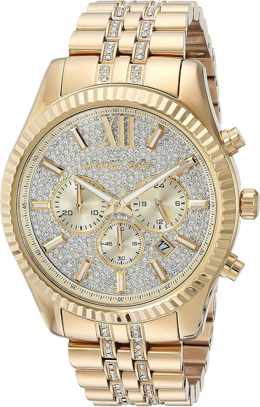 Michael Kors Lexington Chronograph Gold Dial Gold Steel Strap Watch For Men - MK8579