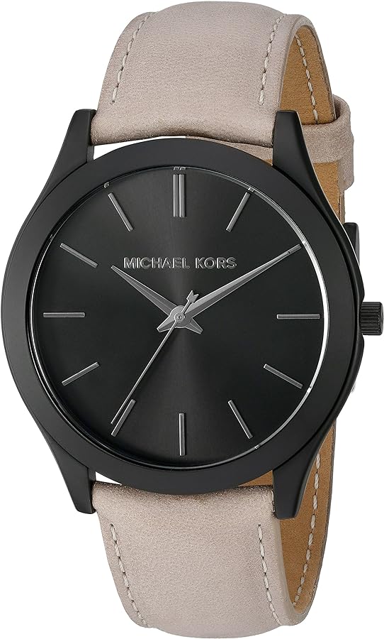 Michael Kors Slim Runway Black Dial Beige Leather Strap Watch For Men - MK8510