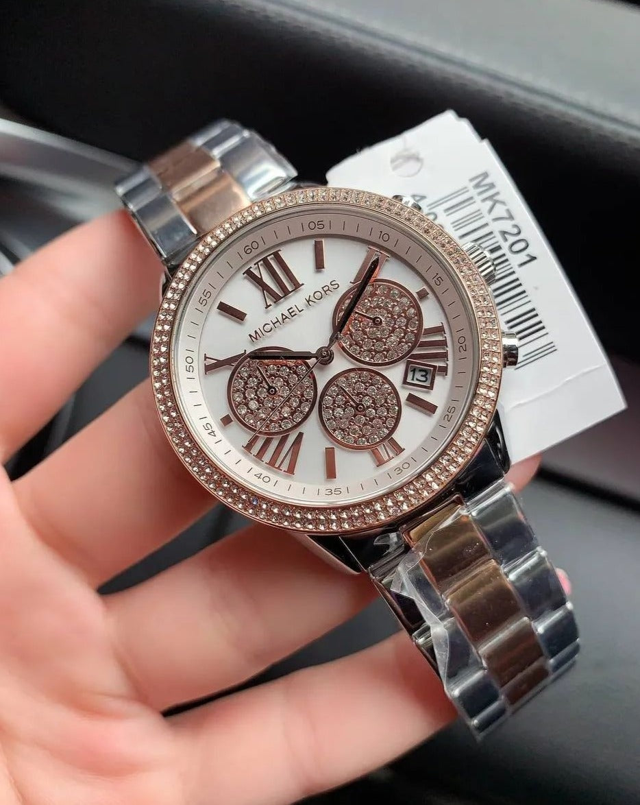 Michael Kors Bryn Pave Chronograph White Dial Two Tone Steel Strap Watch For Women - MK7201