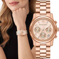 Michael Kors Runway Chronograph Rose Gold Dial Rose Gold Steel Strap Watch For Women - MK7324