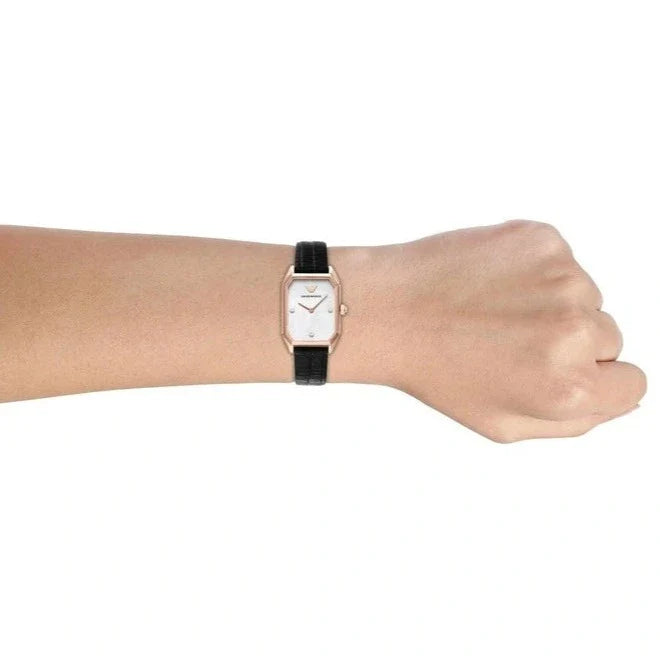 Emporio Armani Gioia Quartz Mother of Pearl Dial Black Leather Strap Watch For Women - AR11390