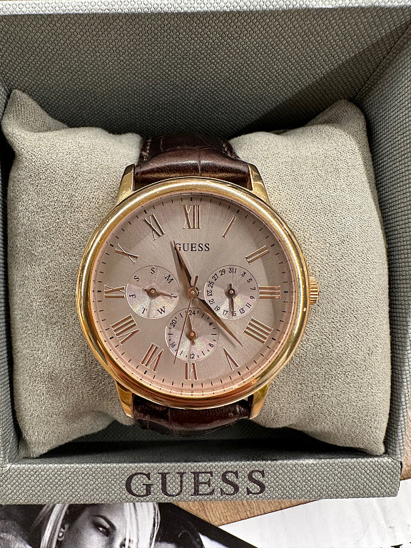 Guess Wafer Quartz Beige Dial Brown Leather Strap Watch For Men - W0496G1