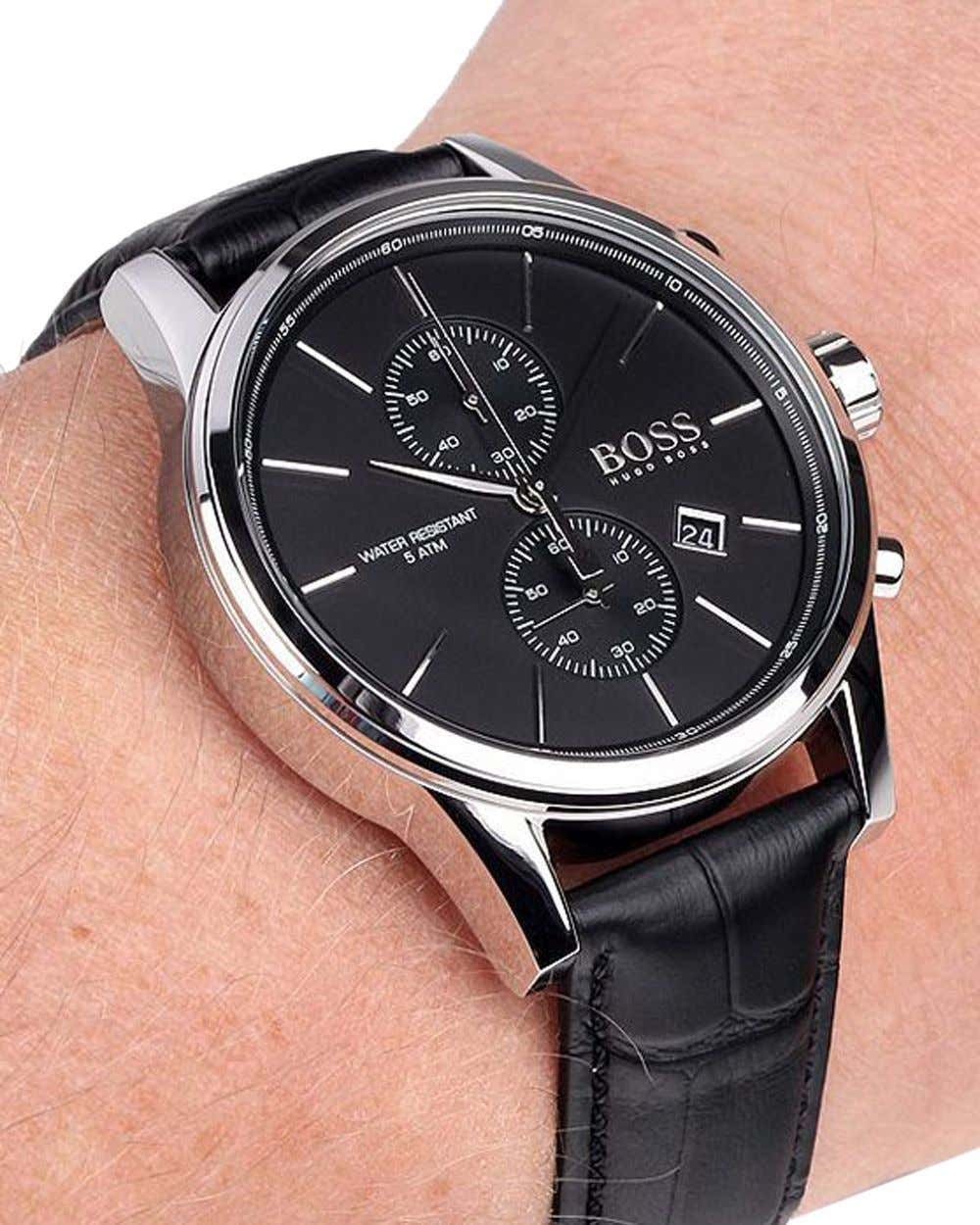 Hugo Boss Chronograph Black Dial Black Leather Strap Watch For Men - 1513266