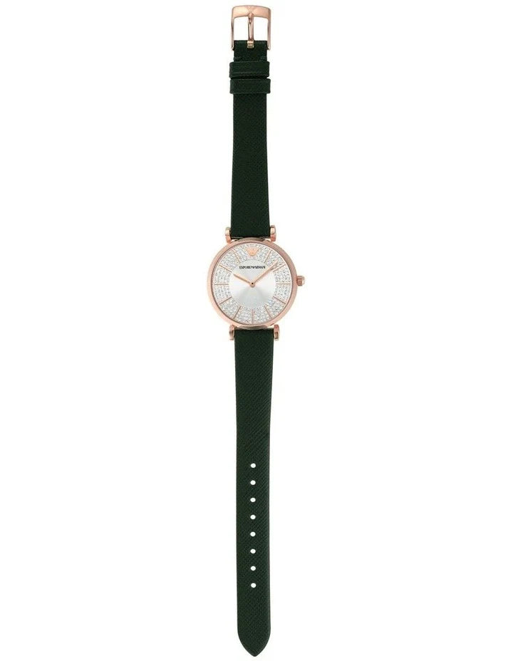 Emporio Armani Pro Planet Analog Silver Dial Green Leather Strap Watch For Women - AR11517