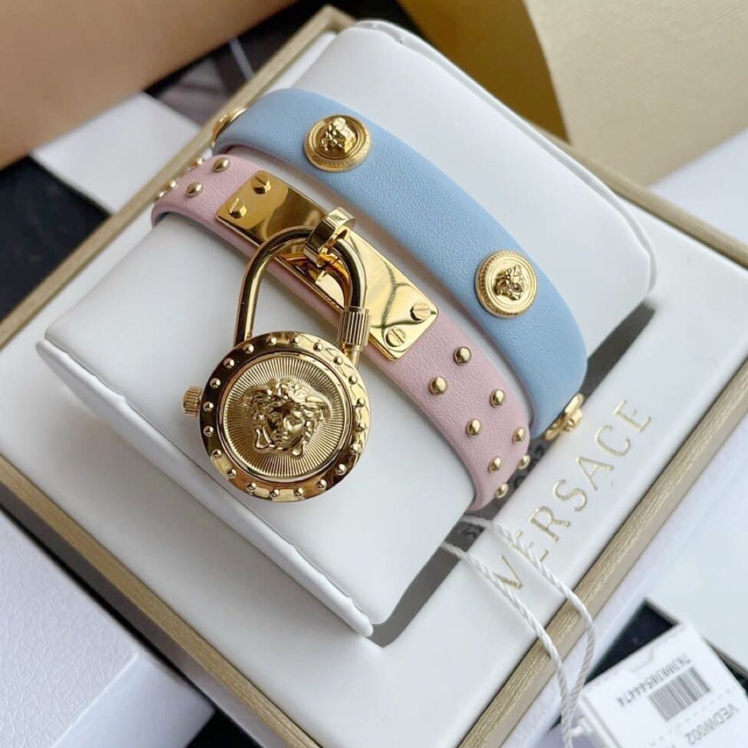 Versace Medusa Lock Icon Quartz Gold Dial Pink & Blue Leather Strap Watch For Women - VEDW00219