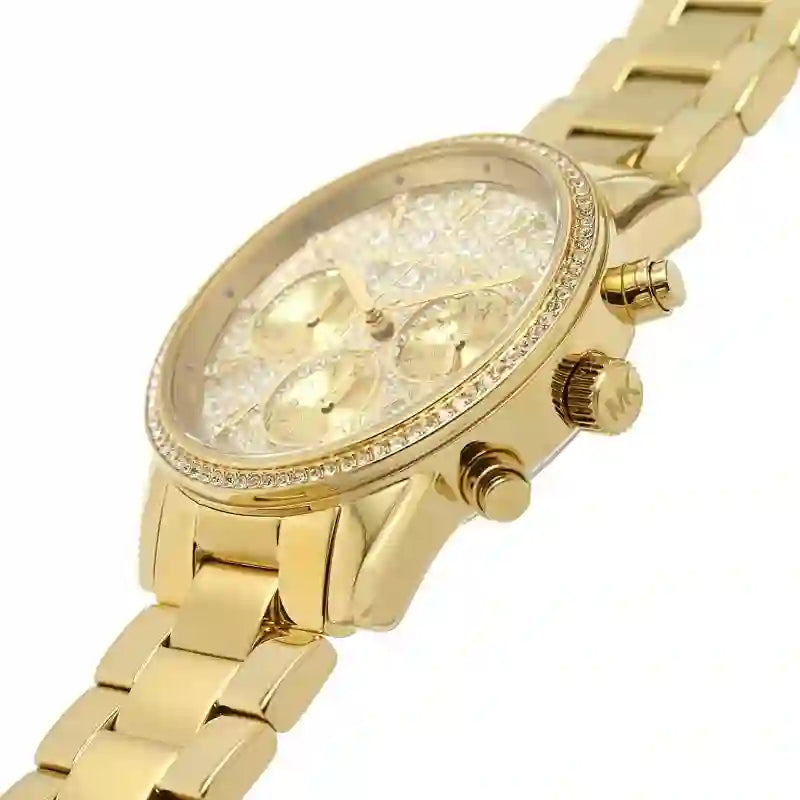 Michael Kors Ritz Chronograph Gold Dial Gold Steel Strap Watch For Women - MK7310