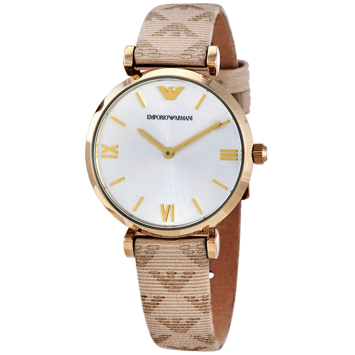 Emporio Armani Gianni T Bar Analog Silver Dial Beige Leather Strap Watch For Women - AR11127