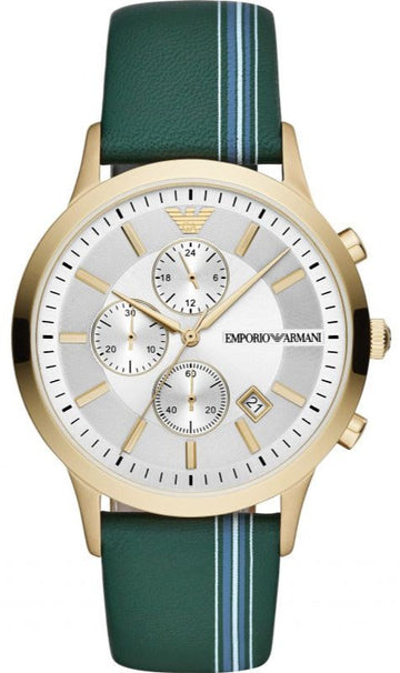 Emporio Armani Renato Chronograph Silver Dial Green Leather Strap Watch For Men - AR11233