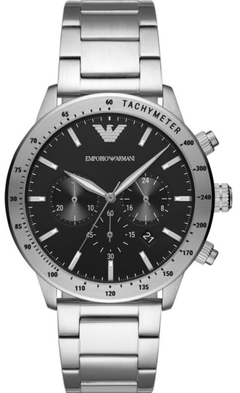 Emporio Armani Mario Chronograph Black Dial Silver Steel Strap Watch For Men - AR11241