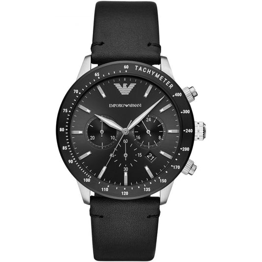 Emporio Armani Mario Chronograph Black Dial Black Leather Strap Watch For Men - AR11243