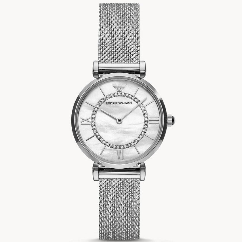 Emporio Armani Gianni T-Bar Quartz Mother of Pearl Dial Silver Mesh Bracelet Watch For Women - AR11319