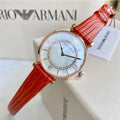 Emporio Armani Gianni T-Bar Analog Mother of Pearl Dial Red Leather Strap Watch For Women - AR11322