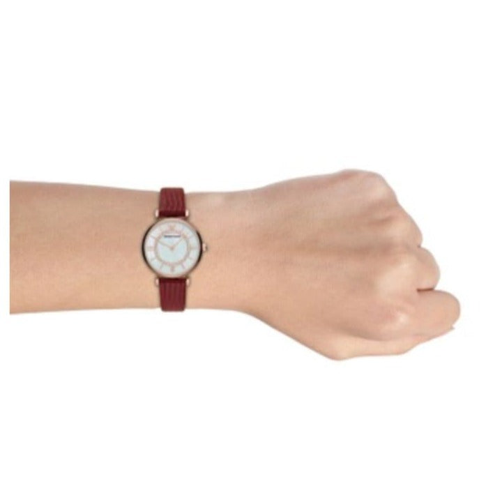 Emporio Armani Gianni T-Bar Analog Mother of Pearl Dial Red Leather Strap Watch For Women - AR11322