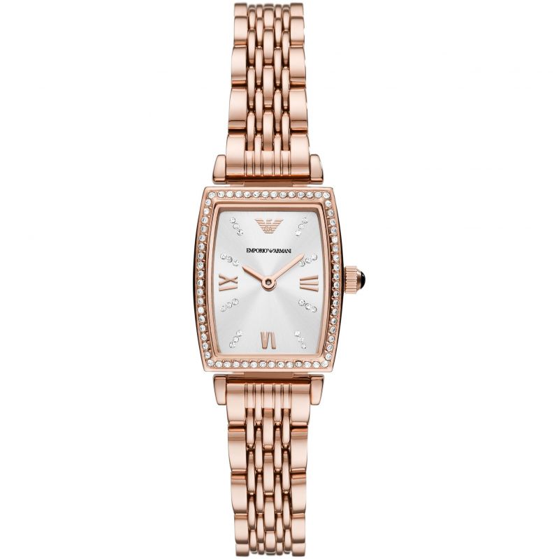 Emporio Armani Gianni T Bar Quartz Crystals White Dial Rose Gold Steel Strap Watch For Women - AR11406