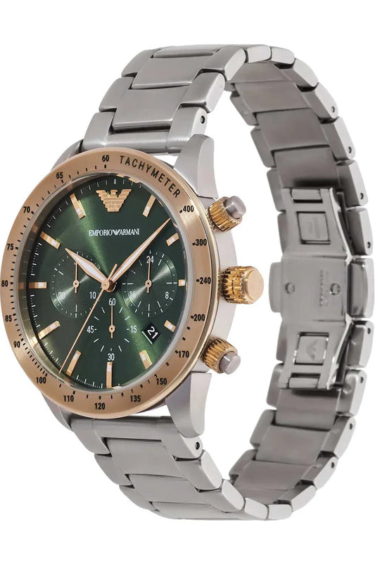 Emporio Armani Mario Chronograph Green Dial Silver Steel Strap Watch For Men - AR11454