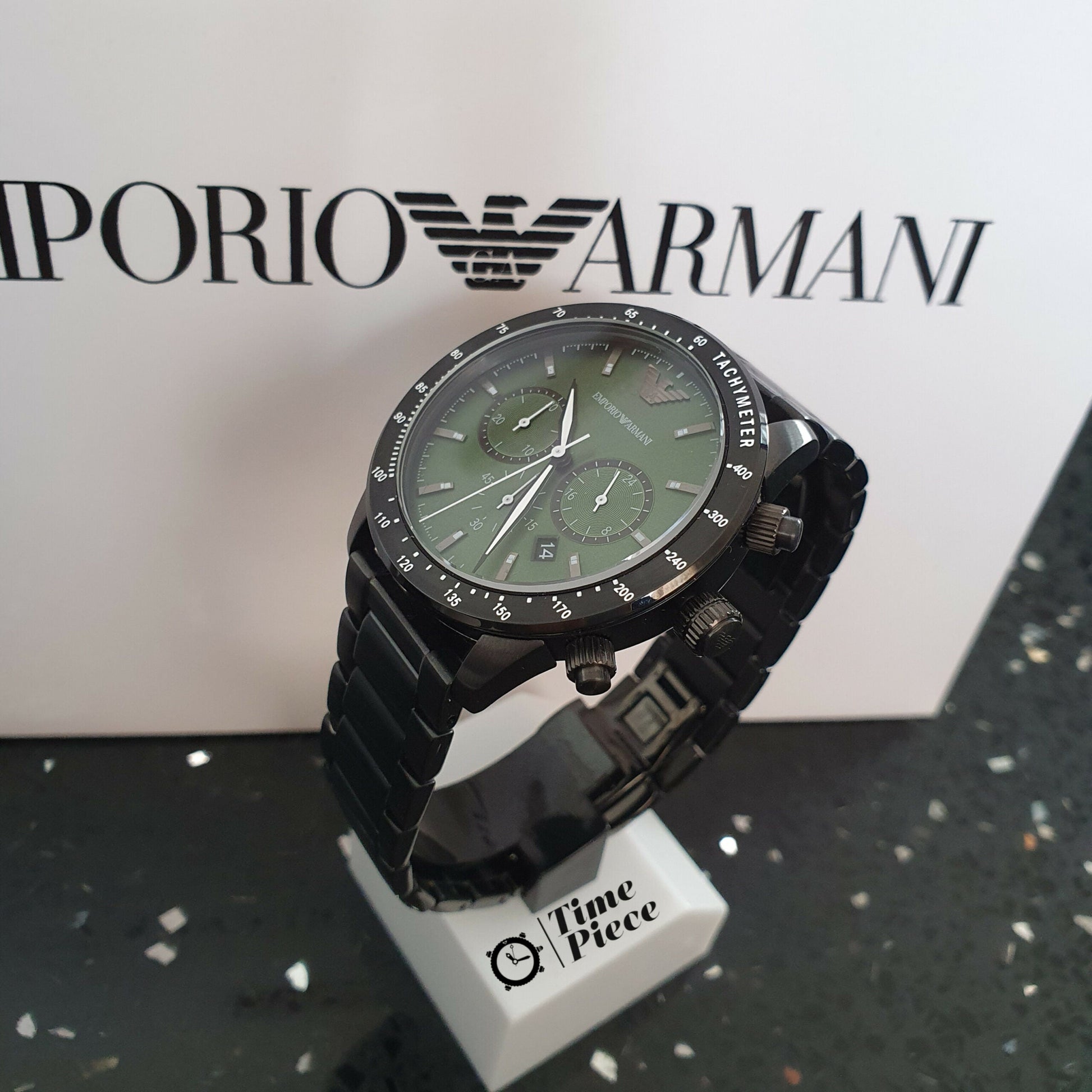 Emporio Armani Mario Chronograph Green Dial Black Steel Strap Watch For Men - AR11472