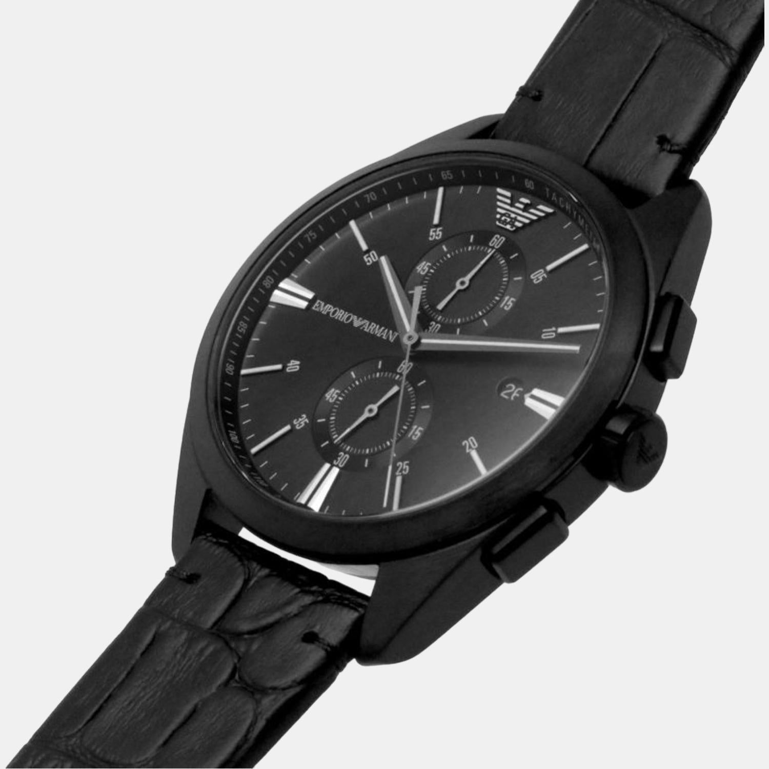 Emporio Armani Claudio Chronograph Black Dial Black Leather Strap Watch For Men - AR11483