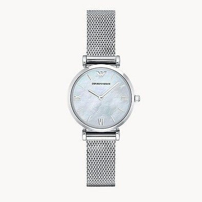 Emporio Armani Gianni T Bar Mother of Pearl Dial Silver Mesh Bracelet Watch For Women - AR1955