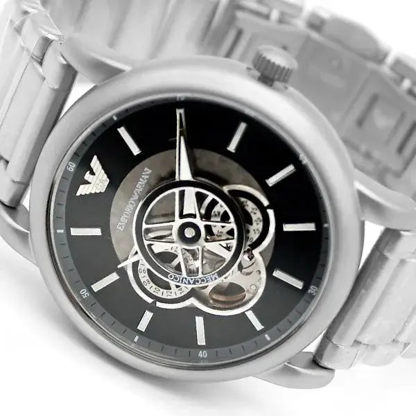 Emporio Armani Meccanico Automatic Skeleton Black Dial Silver Steel Strap Watch For Men - AR60021